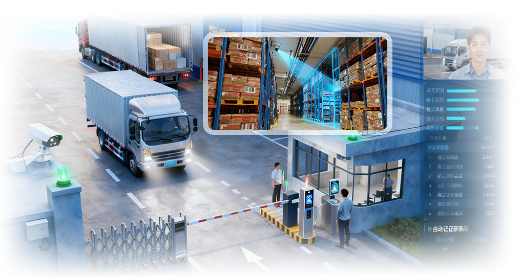 冷链园区的大门出入口的安防巡检业务场景示意图